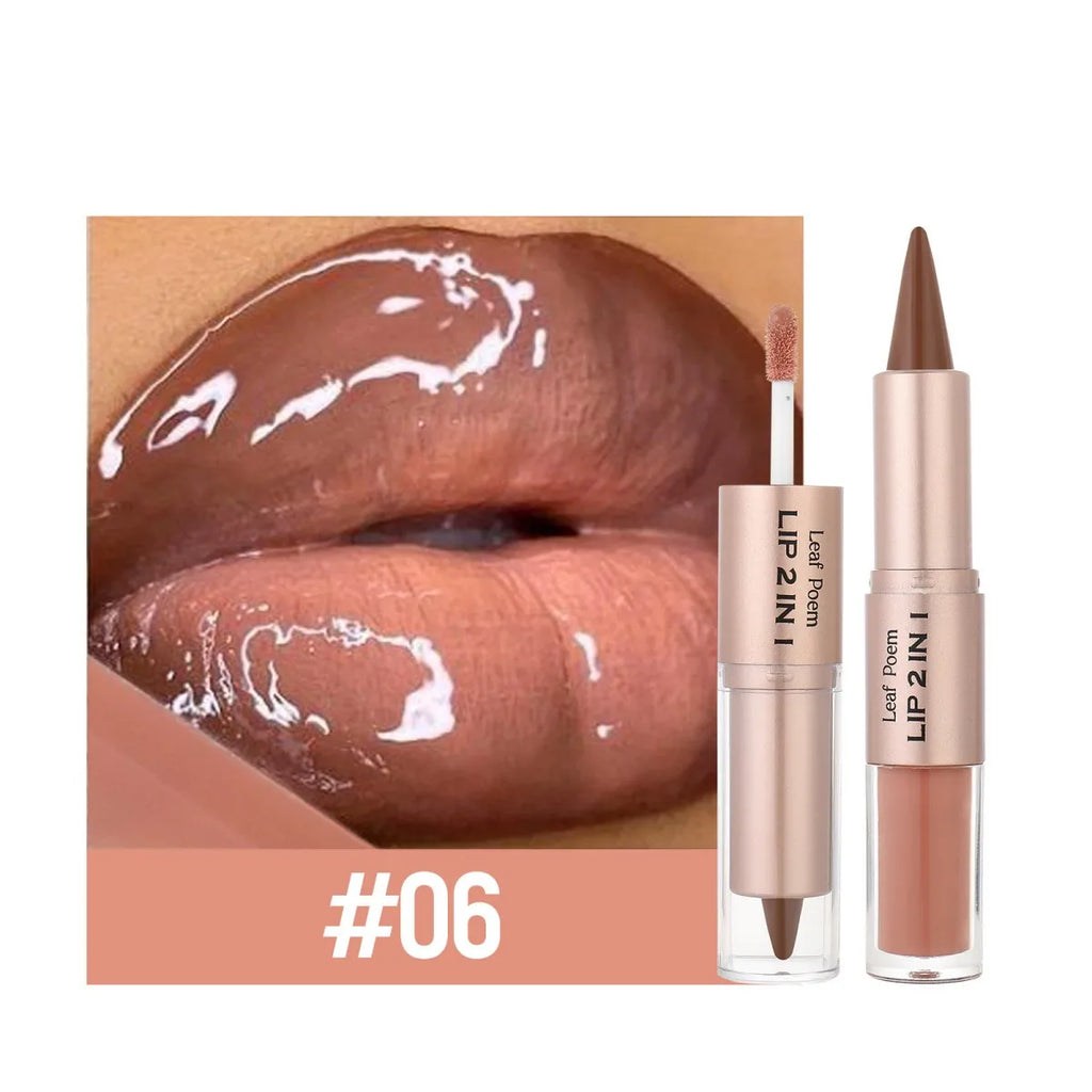 2-in-1 Lipliner-Stift mit spitz zulaufendem Farbverlauf, Nude-Braun, Spiegelglas-Lippenglanz, mattem Lipliner, wasserfestem Lippenkonturenstift, nicht klebend