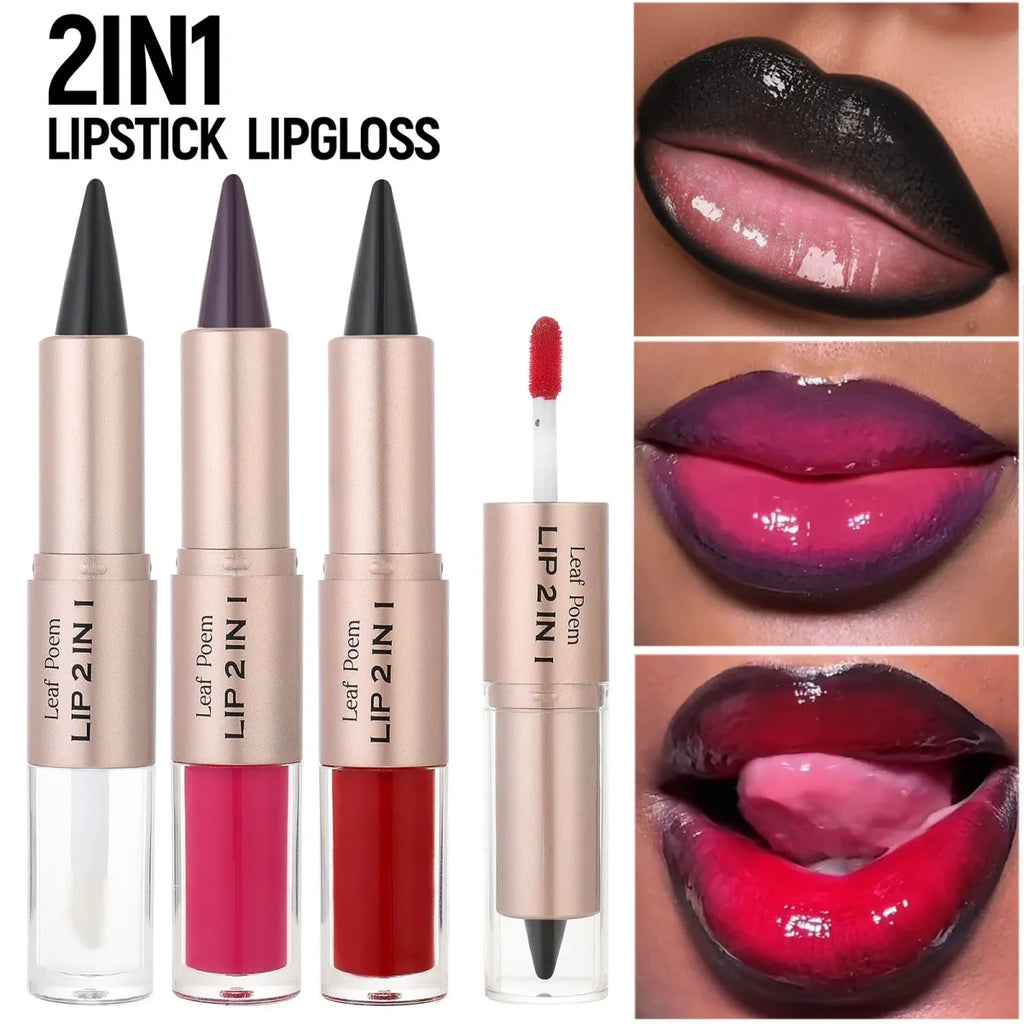 2-in-1 Lipliner-Stift mit spitz zulaufendem Farbverlauf, Nude-Braun, Spiegelglas-Lippenglanz, mattem Lipliner, wasserfestem Lippenkonturenstift, nicht klebend