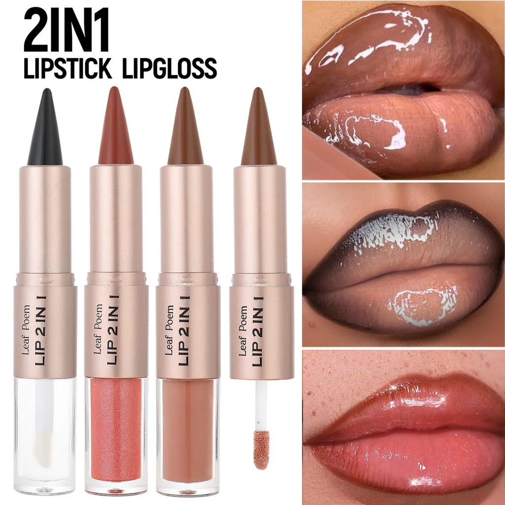 2-in-1 Lipliner-Stift mit spitz zulaufendem Farbverlauf, Nude-Braun, Spiegelglas-Lippenglanz, mattem Lipliner, wasserfestem Lippenkonturenstift, nicht klebend