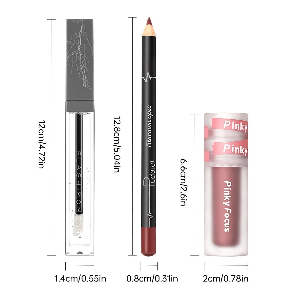 3-teiliges Glossy Lip Set, Schimmernder Lipgloss + Lippenöl + Lipliner, pflegend, nicht klebrig, hochglänzend, für das tägliche Make-up