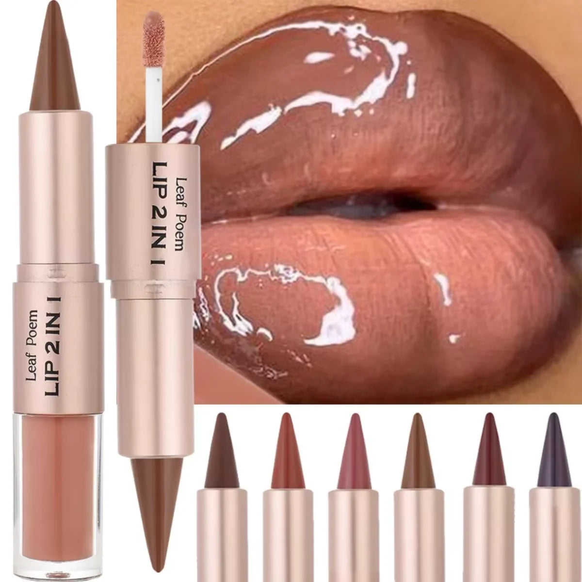 2-in-1 Lipliner-Stift mit spitz zulaufendem Farbverlauf, Nude-Braun, Spiegelglas-Lippenglanz, mattem Lipliner, wasserfestem Lippenkonturenstift, nicht klebend