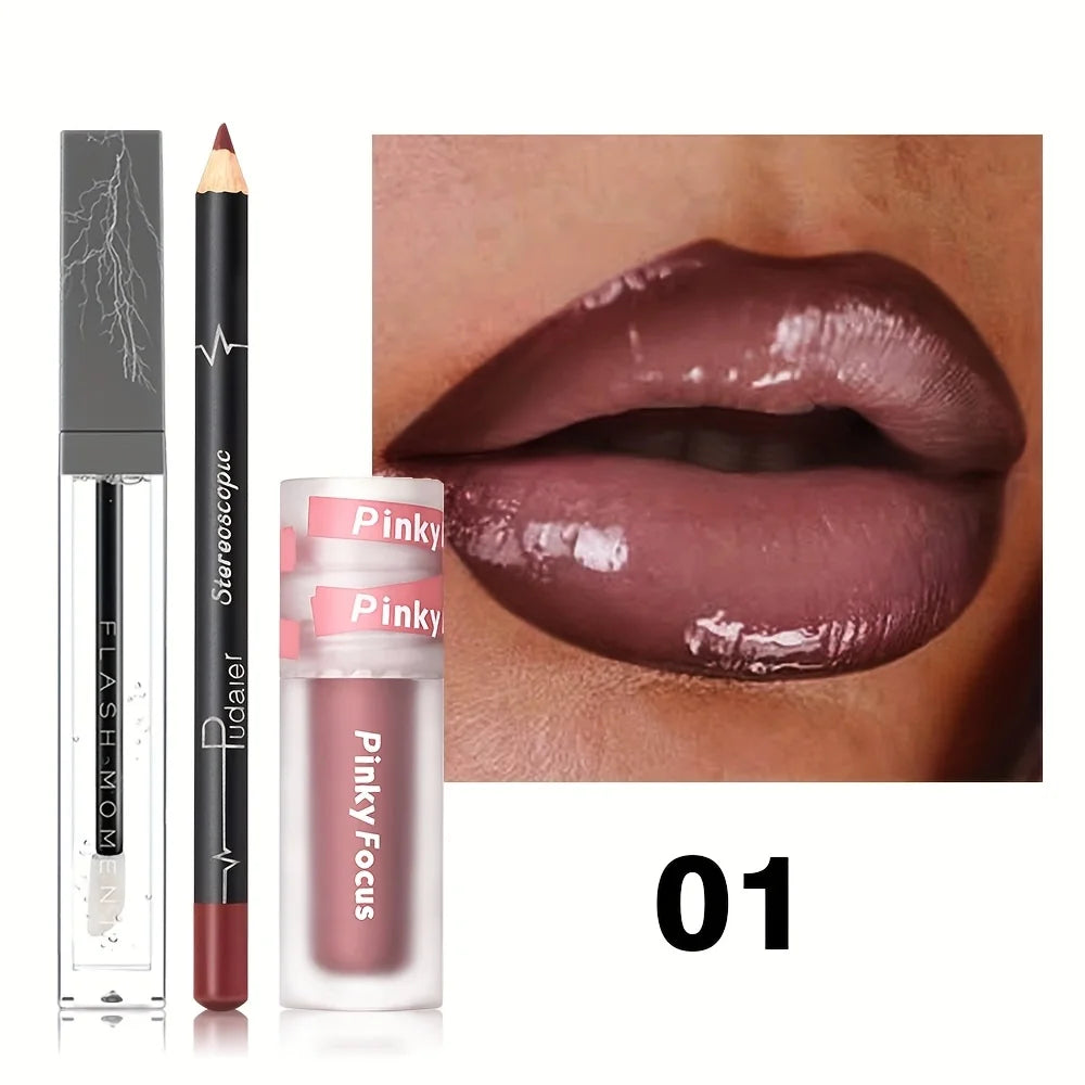 3-teiliges Glossy Lip Set, Schimmernder Lipgloss + Lippenöl + Lipliner, pflegend, nicht klebrig, hochglänzend, für das tägliche Make-up