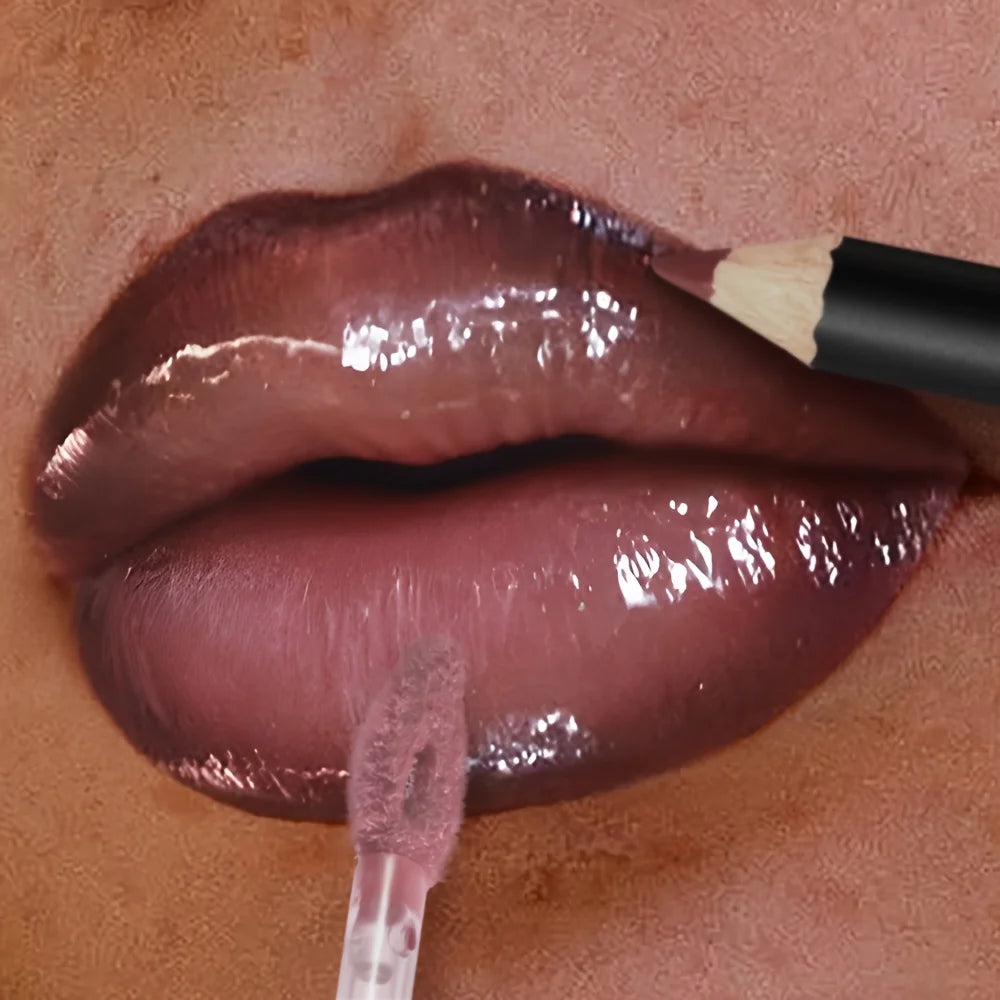 3-teiliges Glossy Lip Set, Schimmernder Lipgloss + Lippenöl + Lipliner, pflegend, nicht klebrig, hochglänzend, für das tägliche Make-up