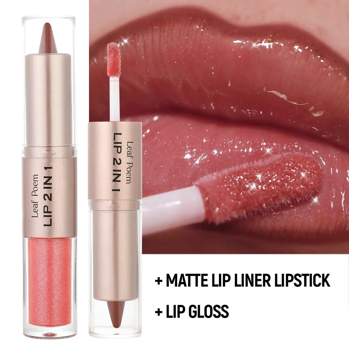 2-in-1 Lipliner-Stift mit spitz zulaufendem Farbverlauf, Nude-Braun, Spiegelglas-Lippenglanz, mattem Lipliner, wasserfestem Lippenkonturenstift, nicht klebend